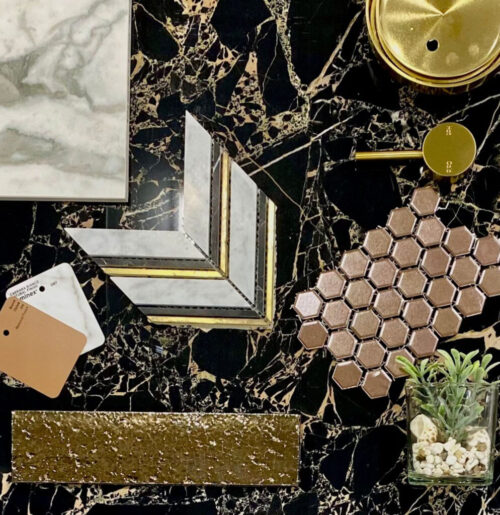 Groove_Tiles_and_Stone_Metallics palette metallic tones of tile palette chevron mosaic tile combining with nero marble and carrara marble